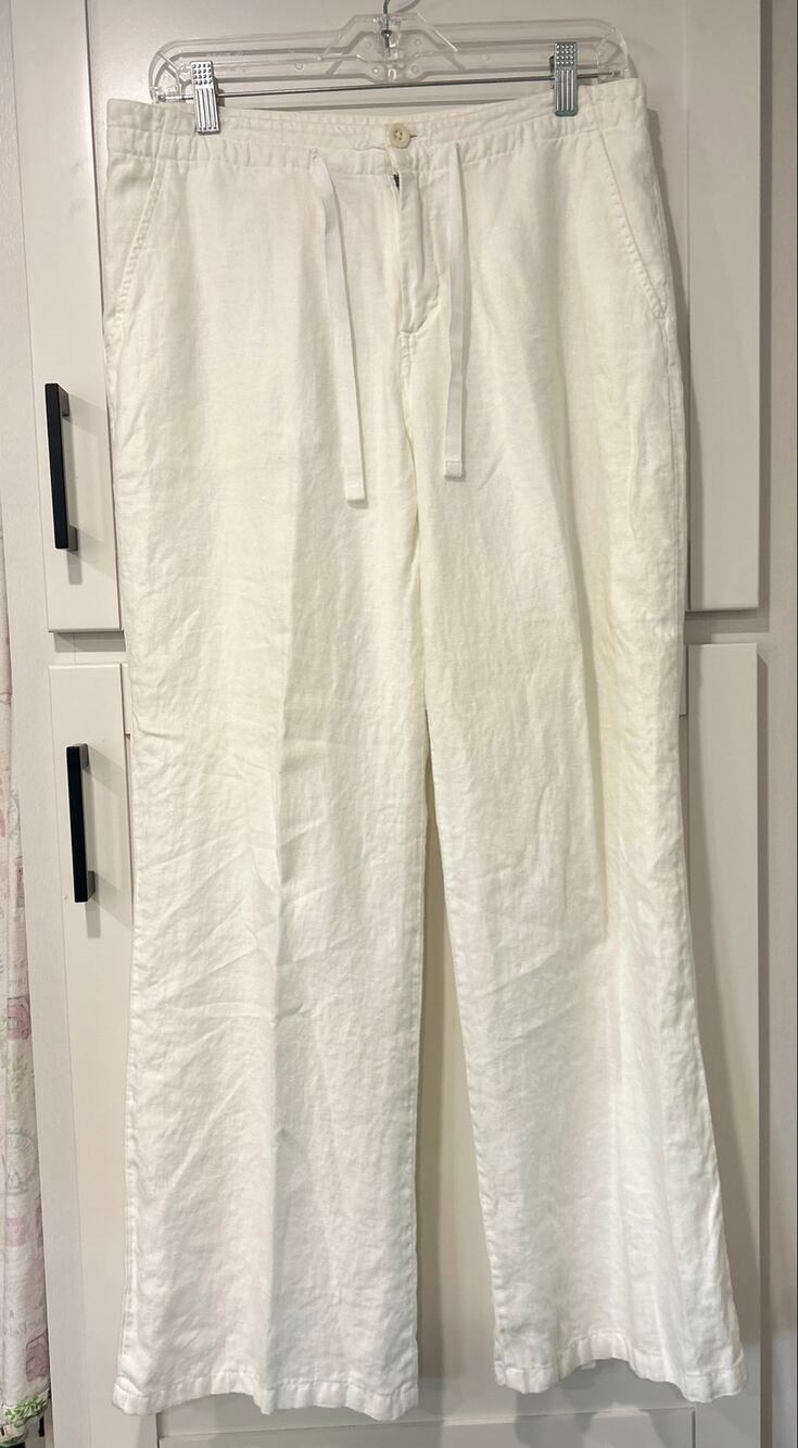 VTG GAP 100% Linen Pants White Pants Drawstring Pockets Straight Wide Leg SZ 6